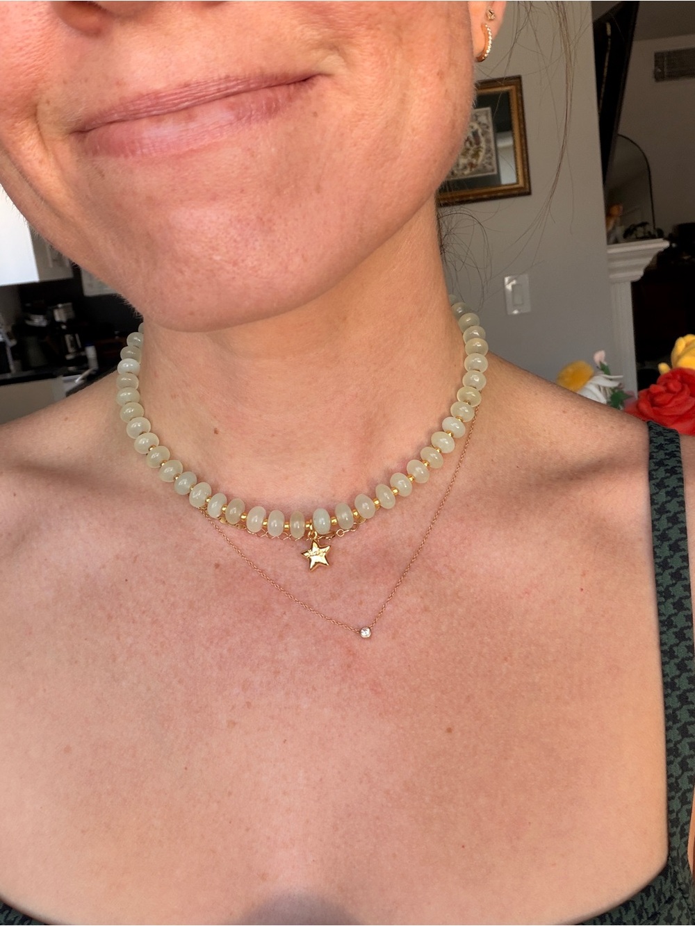 Beaded Jade necklace with Gold-Star lucky charm